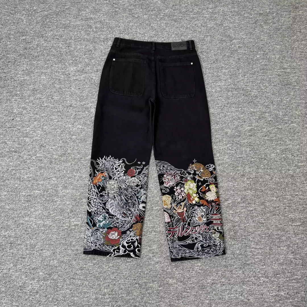 Derschutze Japanese Mythology Embroidered Black Jeans