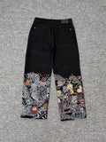 Derschutze Japanese Mythology Embroidered Black Jeans